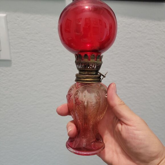 Vtg Mini Oil Lamp Cranberry glass globe with fish bottom RARE Flaw Old World - Picture 10 of 12